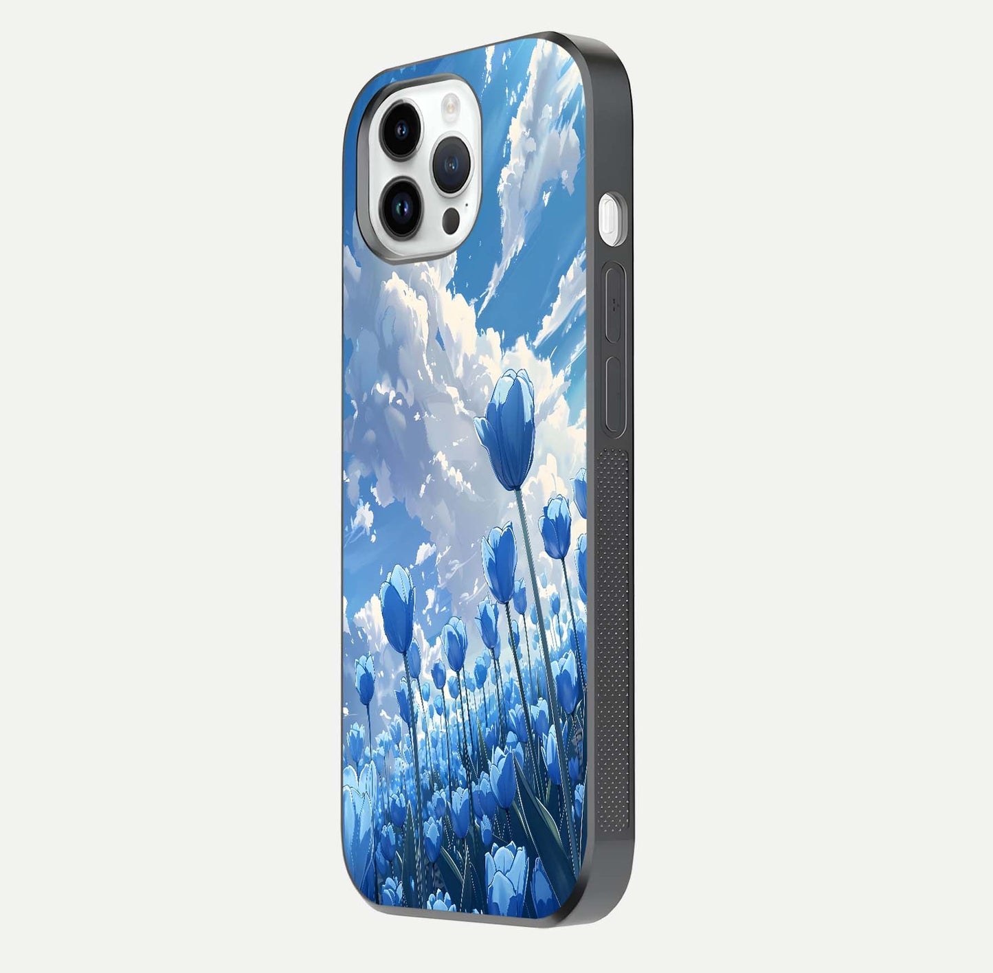 Blue Tulip Clouds Glass Case for iPhone 16 Pro side-angle image showing edge curve and flower reflection glow