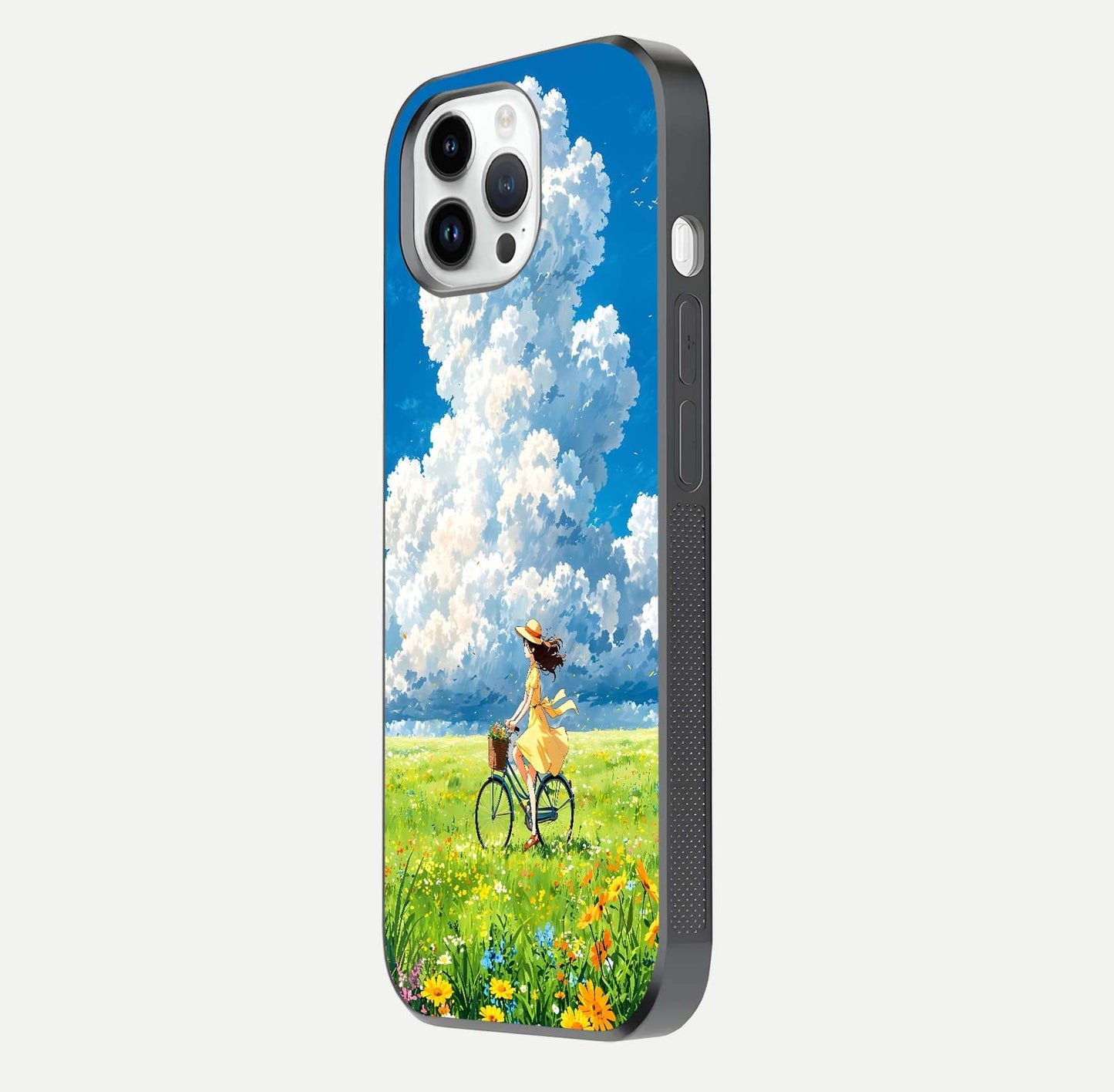 Breezy Meadow Ride Glass Case for iPhone 14 Pro side-angle image showing floral details and edge glow