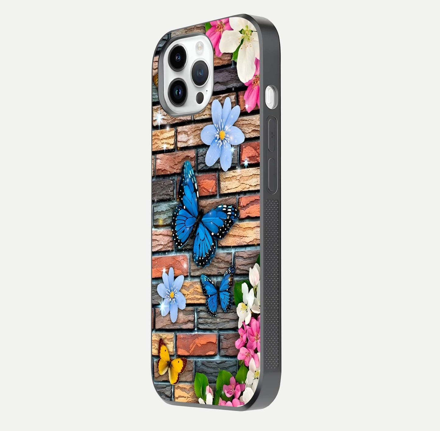Brick Bloom Flight Glass Case for iPhone 14 Pro side-angle photo showing curve shine and detailed petal contrast