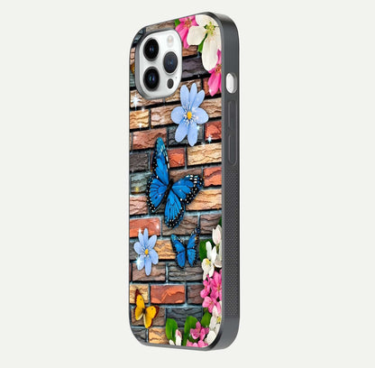 Brick Bloom Flight Glass Case for iPhone 14 Pro side-angle photo showing curve shine and detailed petal contrast