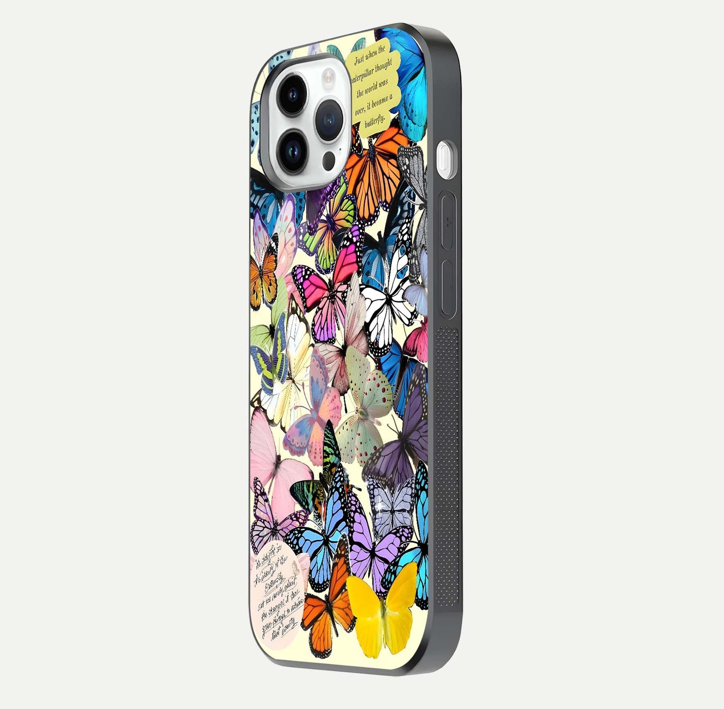 Butterflies Petal Dream Glass Case for iPhone 14 Pro side-angle shot showing butterfly motion and curved edges