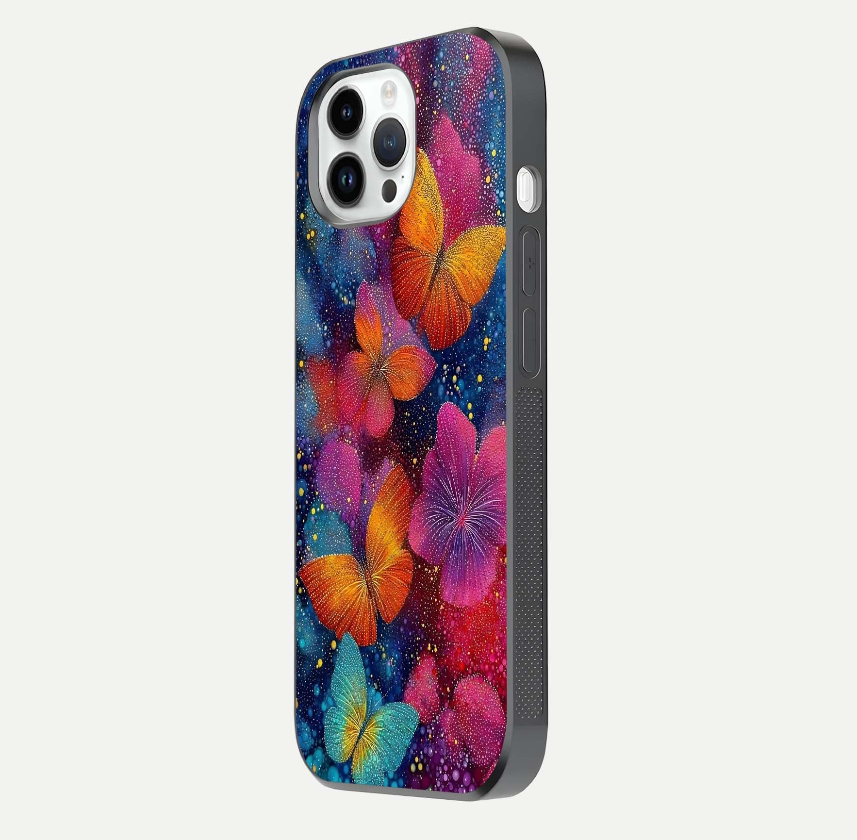 Butterfly Dream Mist Glass Case for iPhone 14 Pro side-angle image showing soft gradient and reflective glow