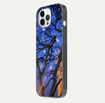 Butterfly Night Magic Glass Case for iPhone 14 Pro side-angle view capturing butterfly contrast and glossy depth