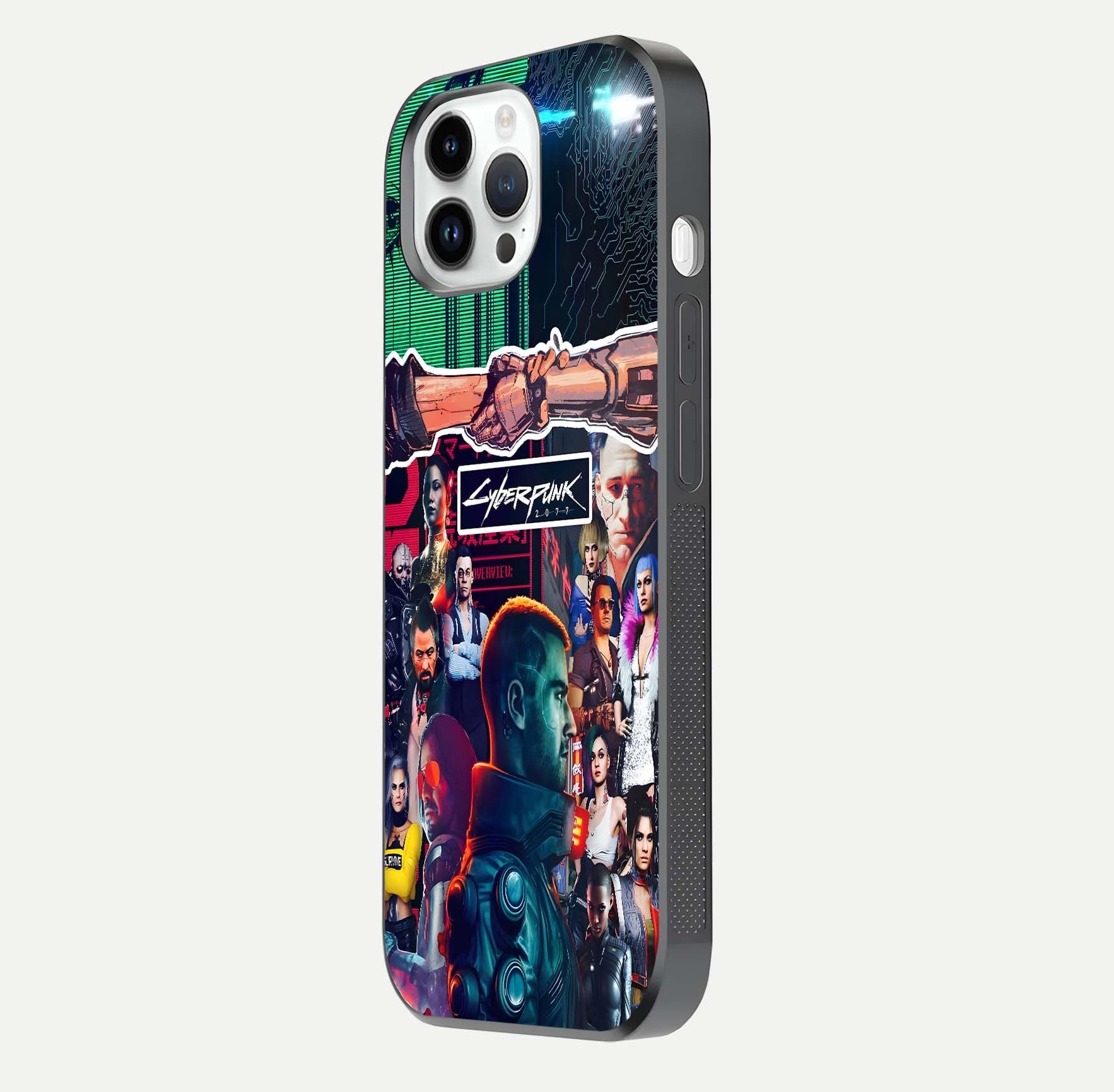 CYBERPUNK Legacy Glass Case for iPhone 14 Pro side-angle photo showing edge glow and reflective surface
