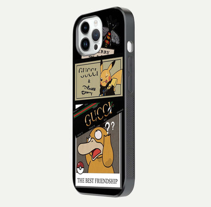 Cartoon Brand Play Mashup Glass Case for iPhone 14 Pro side-angle image showing reflection brightness and fun graphic mix