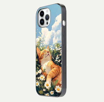Cat & Flowers View Glass Case for iPhone 14 Pro side-angle image capturing cat print clarity and gloss tone