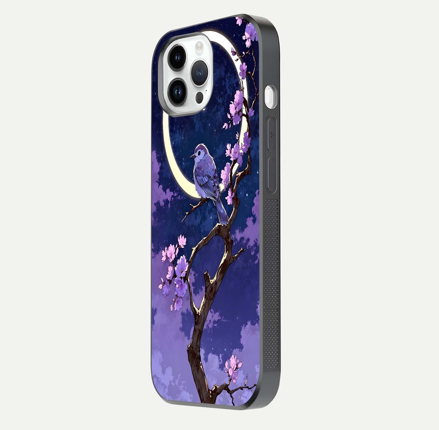 Celestial Bird Blossom Glass Case for iPhone 14 Pro side-angle image showing detailed wings and glossy polish