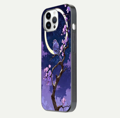Celestial Bird Blossom Glass Case for iPhone 14 Pro side-angle image showing detailed wings and glossy polish