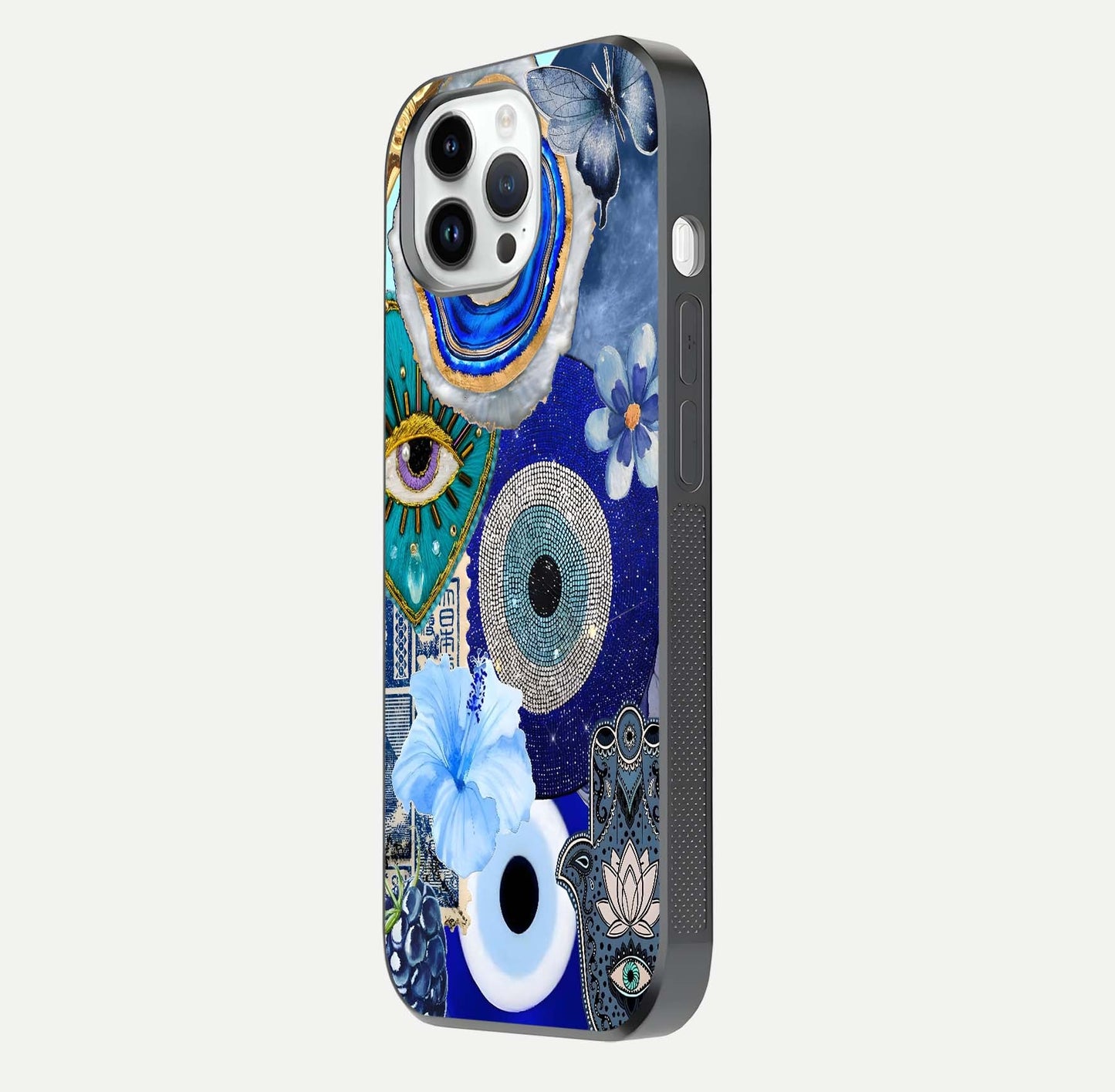Celestial Blue Vision Glass Case for iPhone 14 Pro side-angle image capturing starlight shimmer and glass reflection