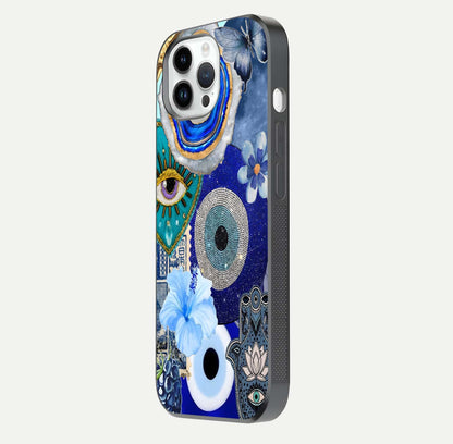 Celestial Blue Vision Glass Case for iPhone 14 Pro side-angle image capturing starlight shimmer and glass reflection