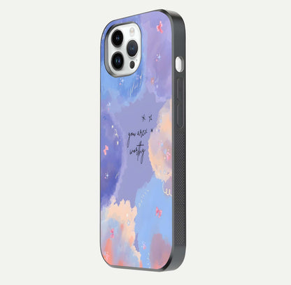 Celestial Cloud Magic Glass Case for iPhone 14 Pro side-angle photo showing edge reflection and dreamy texture
