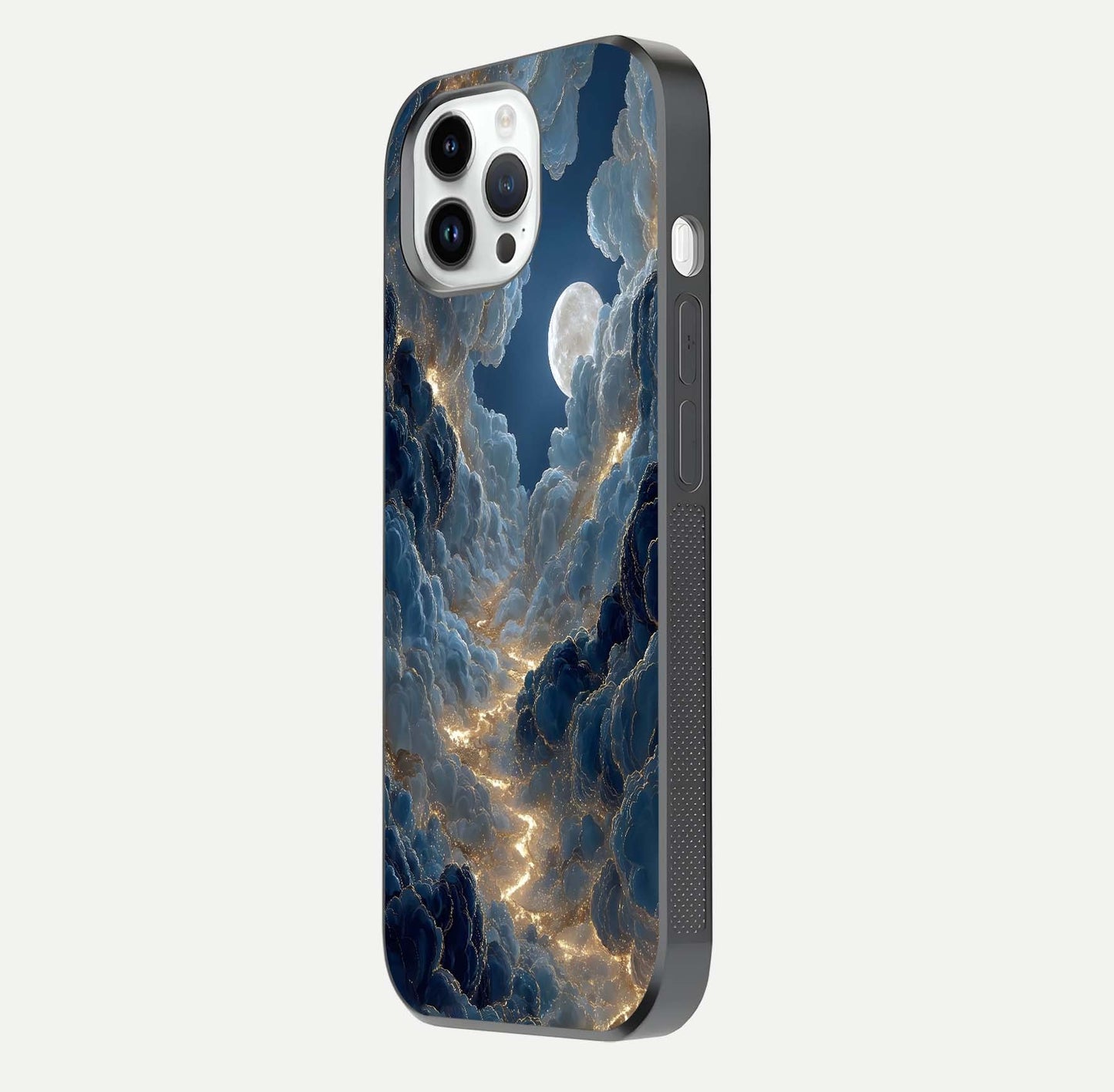 Celestial Cloud Road Glass Case for iPhone 14 Pro side-angle image showing soft pastel tones and edge clarity