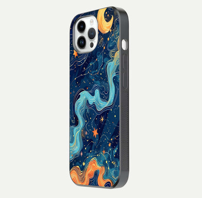 Celestial Dream Flow Glass Case for iPhone 14 Pro side-angle image capturing color swirl and glass reflection
