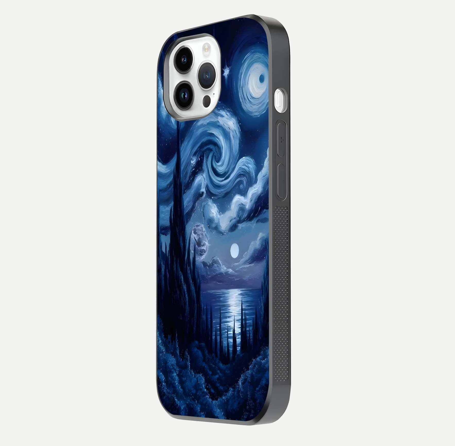Celestial Dream Van Gogh Glass Case for iPhone 14 Pro side-angle photo showing depth swirl design and curved reflection