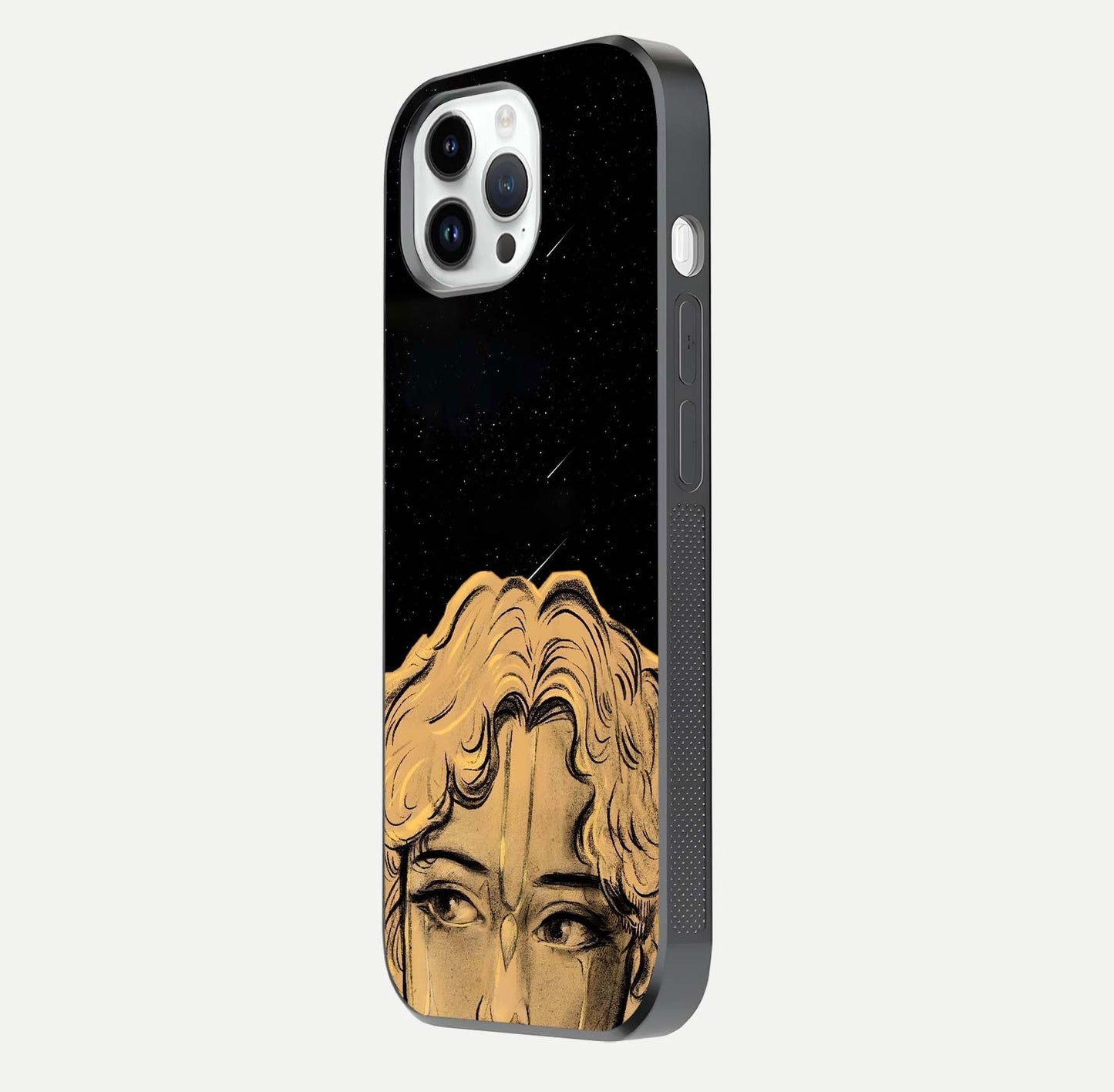 Celestial God’s Plan Glass Case for iPhone 14 Pro side-angle image showing gloss, camera frame, and cosmic tones