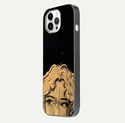 Celestial God’s Plan Glass Case for iPhone 14 Pro side-angle image showing gloss, camera frame, and cosmic tones