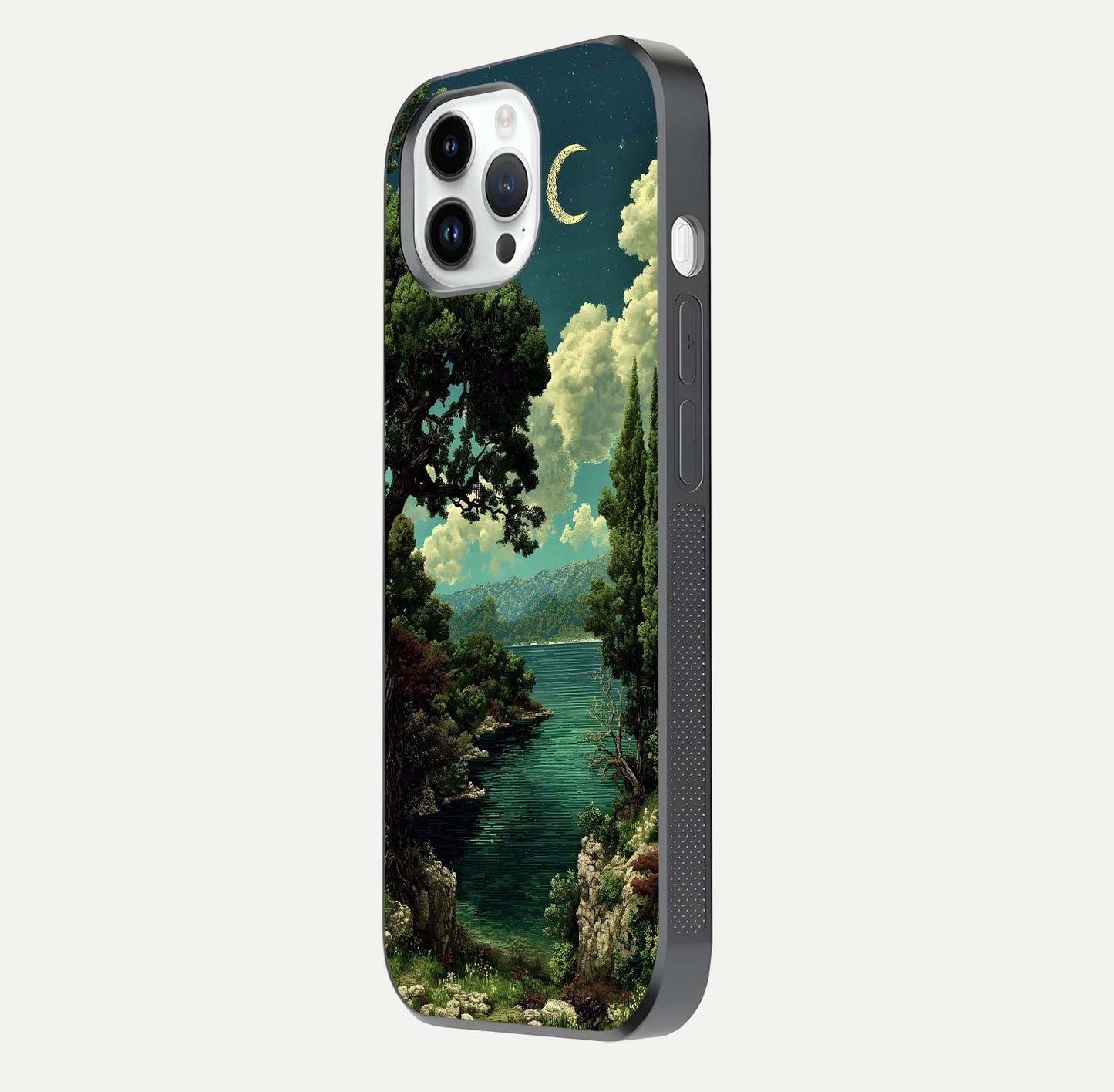 Celestial Lake Peace Glass Case for iPhone 14 Pro side-angle image displaying reflective glow and gentle edges
