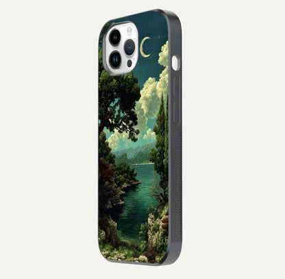 Celestial Lake Peace Glass Case for iPhone 14 Pro side-angle image displaying reflective glow and gentle edges