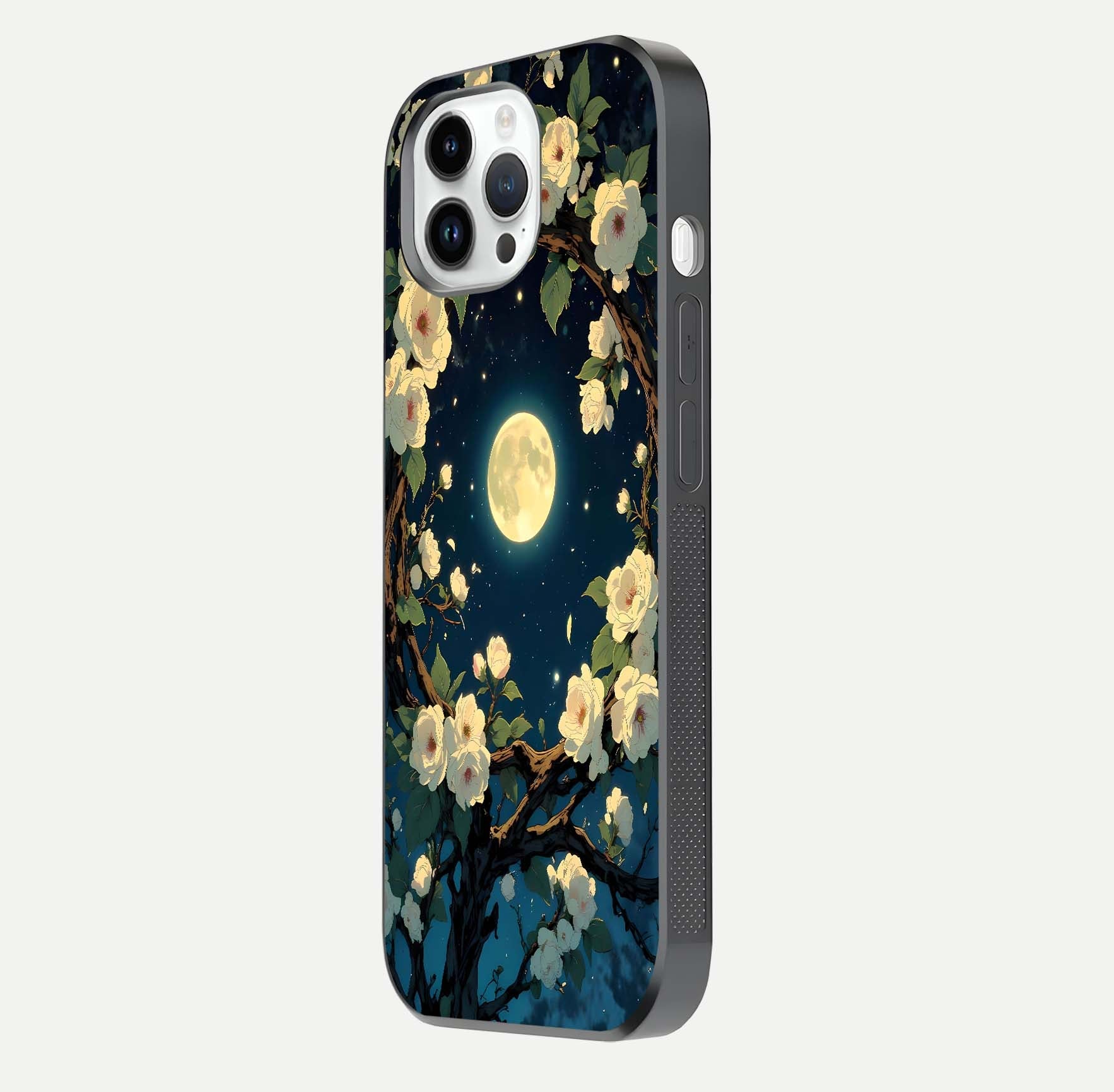 Celestial Moon & Flower Glass Case for iPhone 14 Pro side-angle image showing edge smoothness and glow reflection