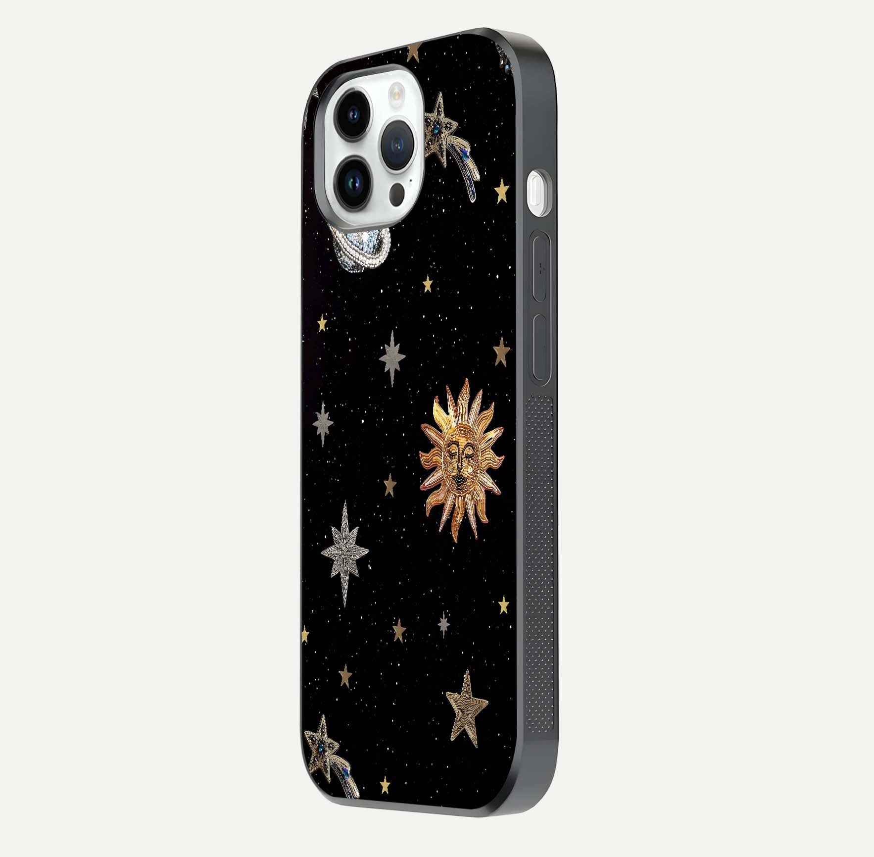 Celestial Moon With Stars Glass Case for iPhone 14 Pro side-angle view showing curved edges and shimmer glow