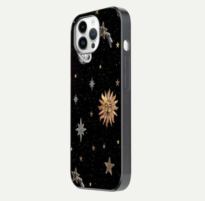 Celestial Moon With Stars Glass Case for iPhone 14 Pro side-angle view showing curved edges and shimmer glow