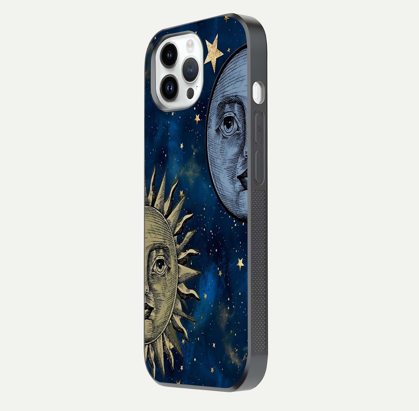 Celestial Moon With Sun Glass Case for iPhone 14 Pro side-angle image showing reflection tones and cosmic edge
