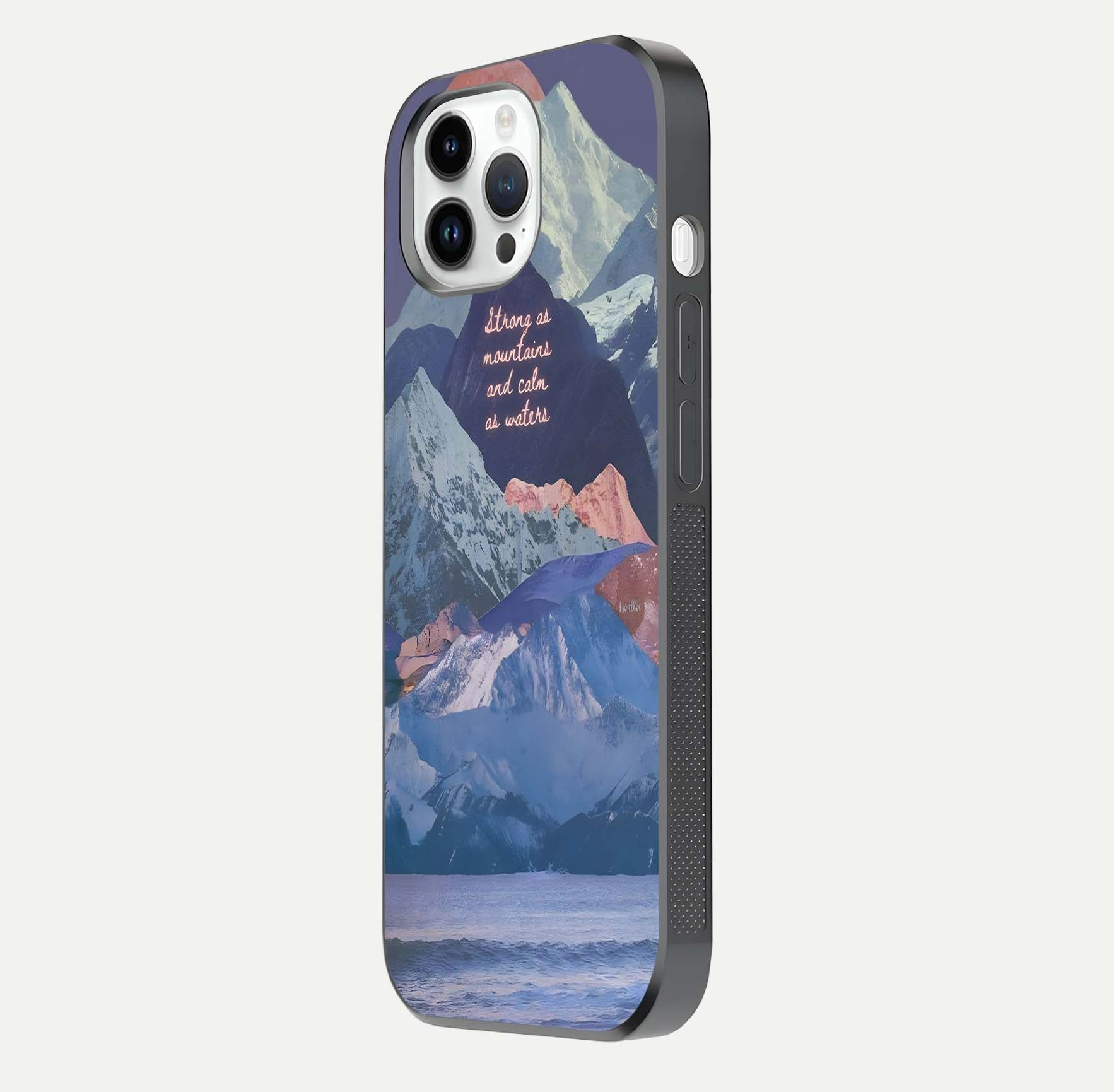 Celestial Mountain Calm Glass Case for iPhone 14 Pro side-angle image capturing mountain detail and shine gradient