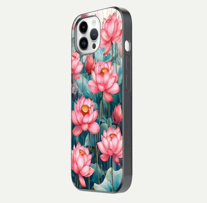 Celestial Pink Lotus Glass Case for iPhone 14 Pro side-angle image showing reflective shine and petal curve
