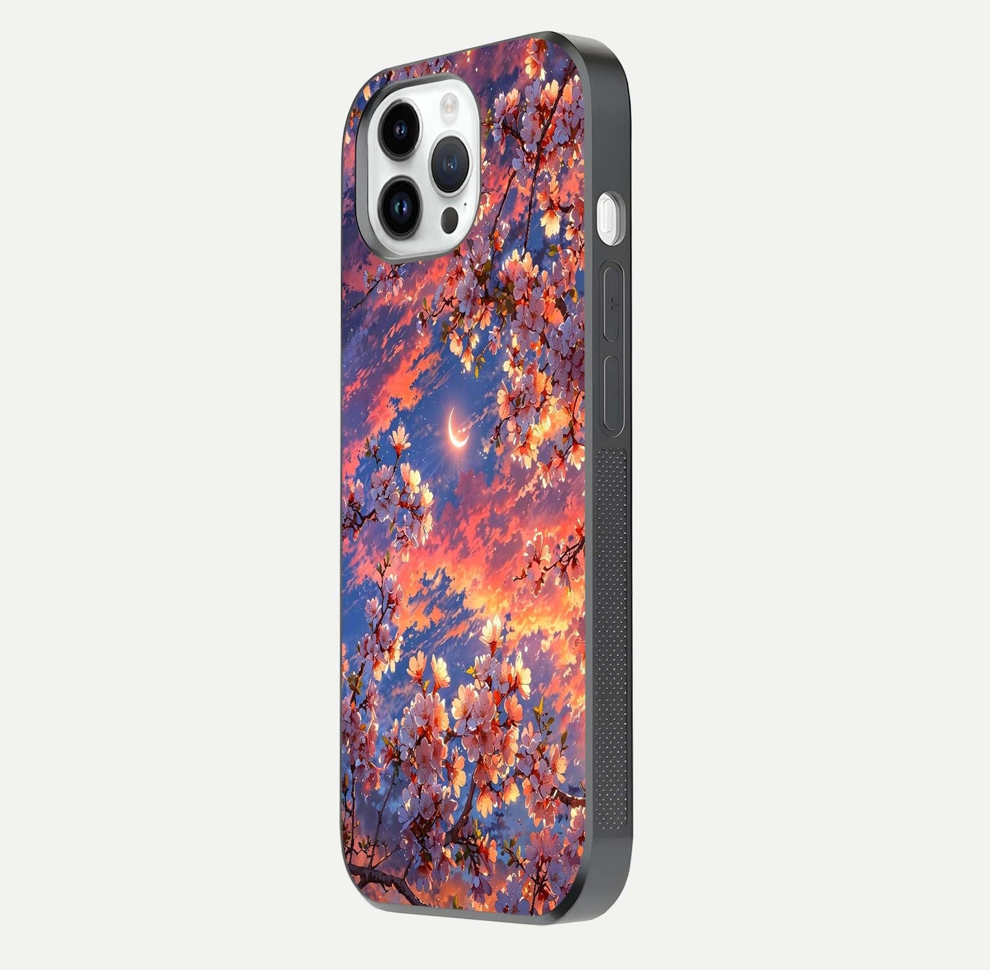 Celestial Sakura Sunset Glass Case for iPhone 14 Pro side-angle image showing edge glow and petal texture