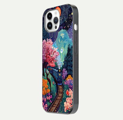 Celestial Train Journey Glass Case for iPhone 14 Pro side-angle image showing polished curve and HD print detail