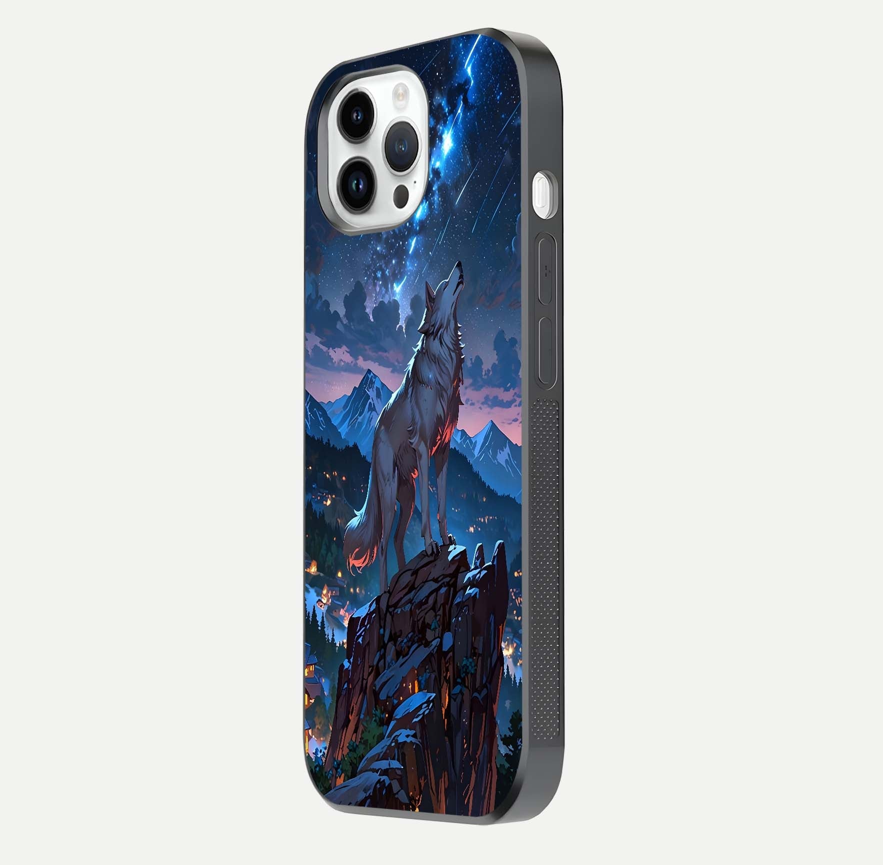 Celestial Wolf Howl Glass Case for iPhone 14 Pro side-angle image showing curve polish and moon glow