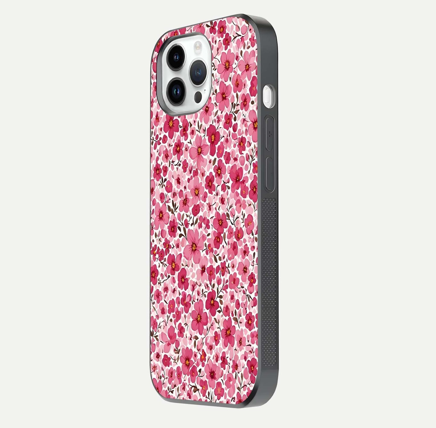 Cherry Blossom Charm Glass Case for iPhone 14 Pro side-angle image showing reflection gloss and soft texture
