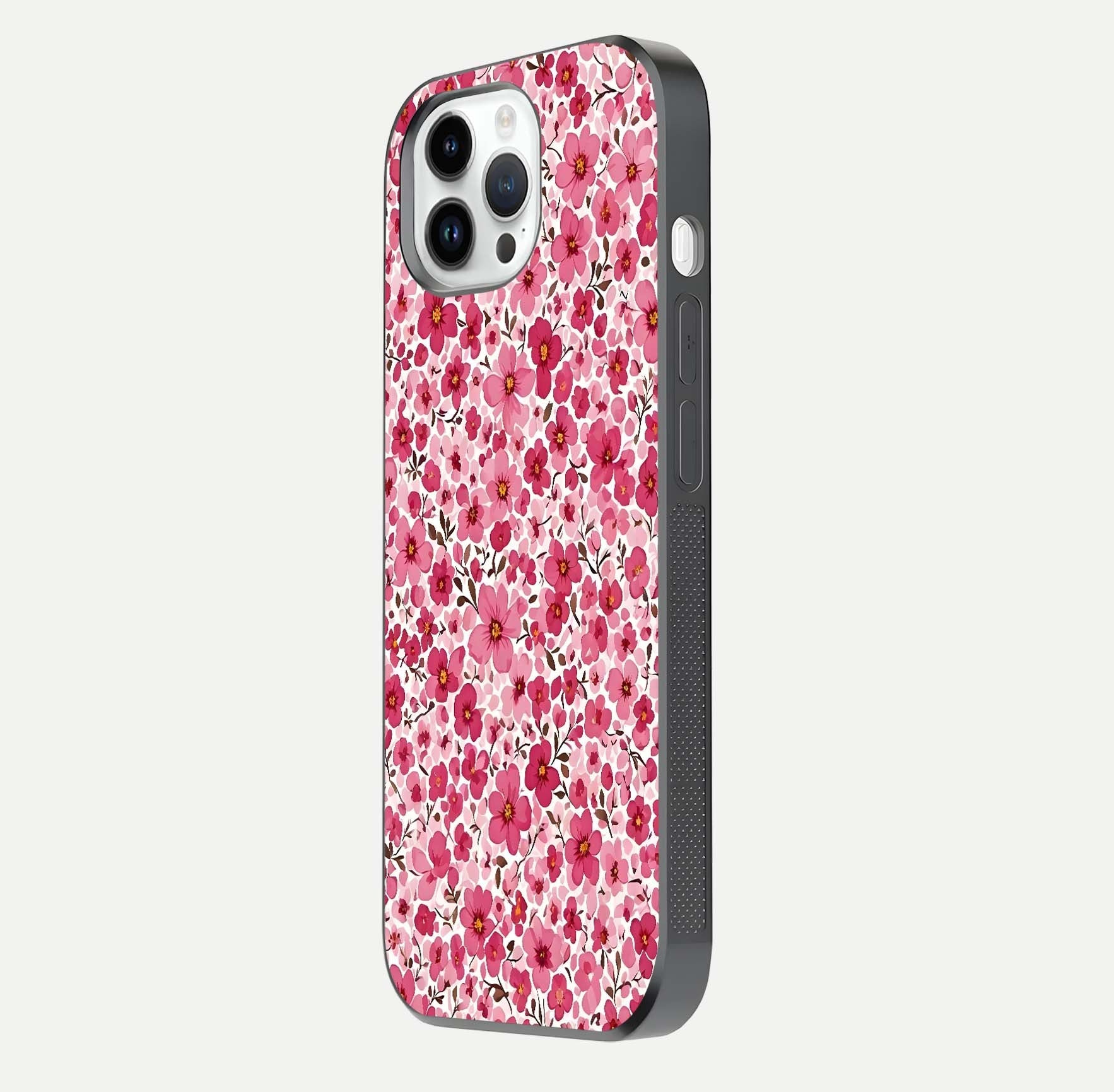 Cherry Blossom Charm Glass Case for iPhone 14 Pro side-angle image showing reflection gloss and soft texture