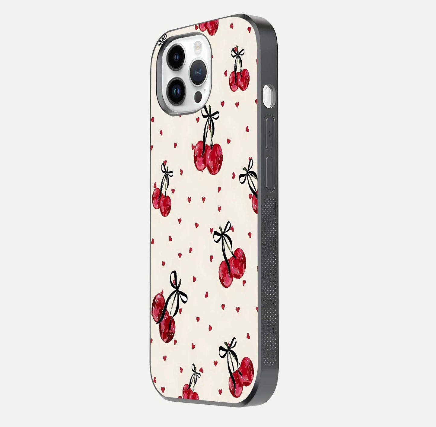 Cherry Heart Bow Glass Case for iPhone 14 Pro side-angle image capturing gloss texture and charm bow art