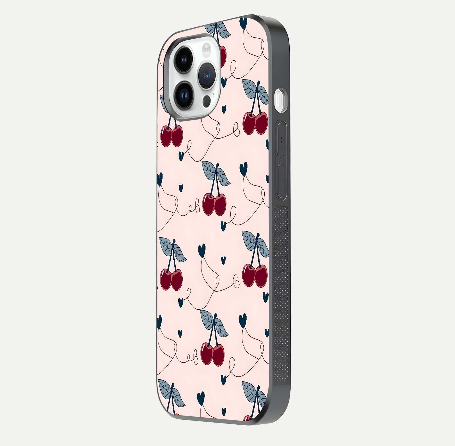 Cherry Heart Line Glass Case for iPhone 14 Pro side-angle view capturing smooth curves and shine effect
