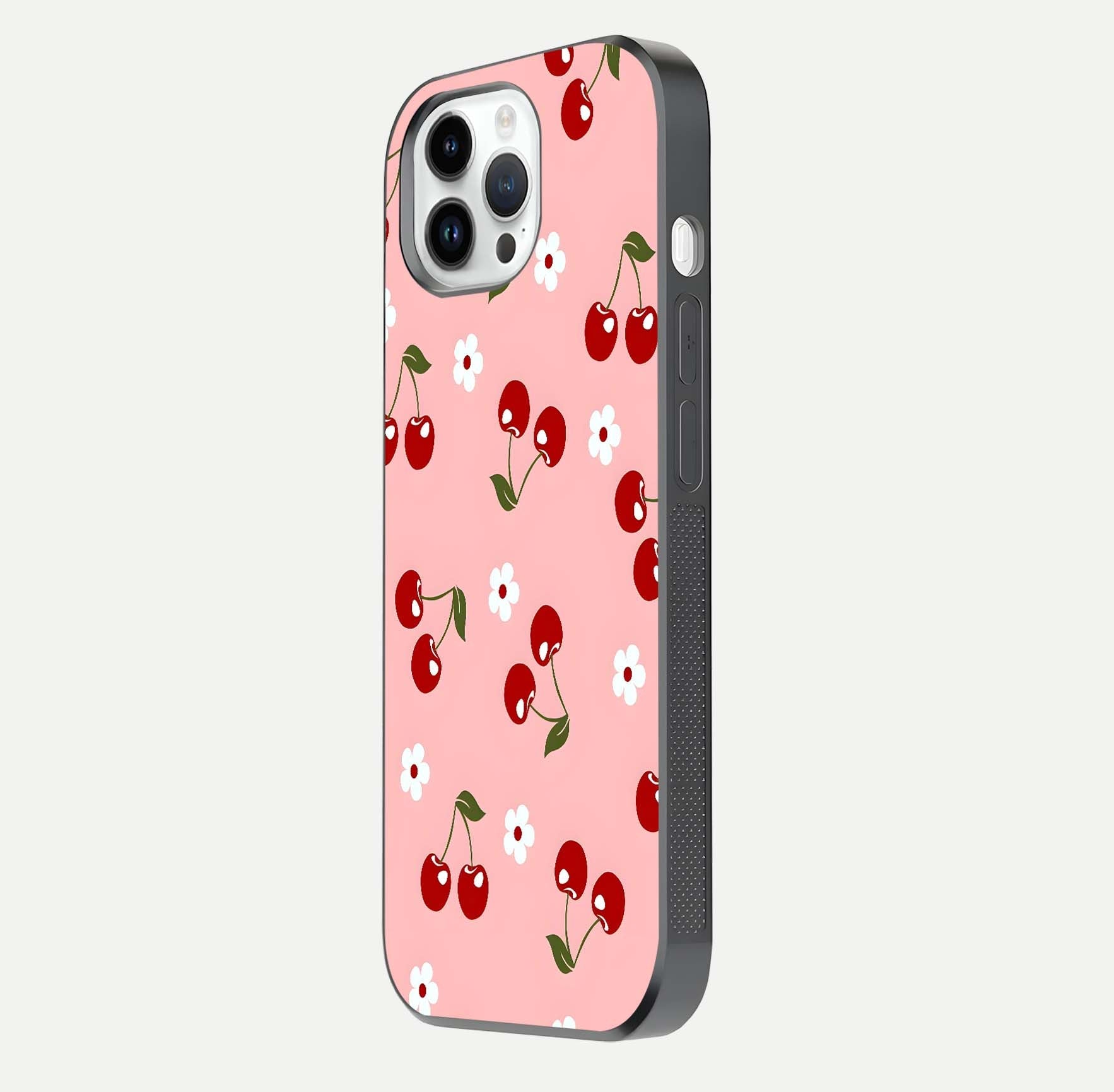 Cherry Love Mood Glass Case for iPhone 14 Pro side-angle image capturing smooth gloss and delicate details