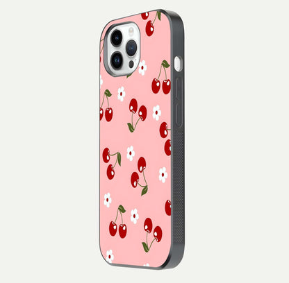 Cherry Love Mood Glass Case for iPhone 14 Pro side-angle image capturing smooth gloss and delicate details
