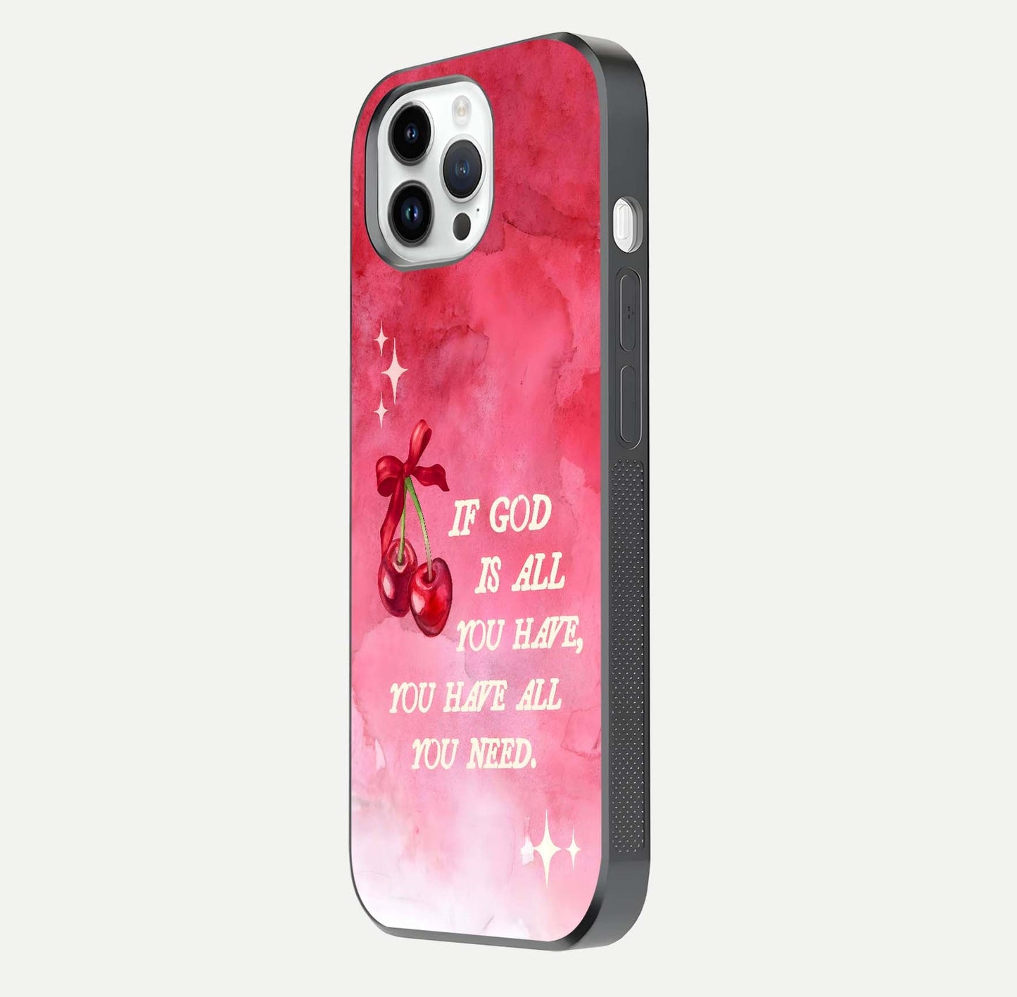 Cherry Quote Glass Case for iPhone 14 Pro side-angle image showing curve glow and glass detail