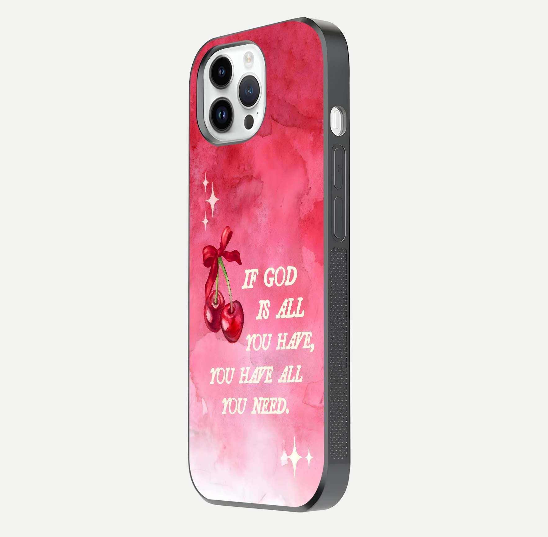 Cherry Quote Glass Case for iPhone 14 Pro side-angle image showing curve glow and glass detail