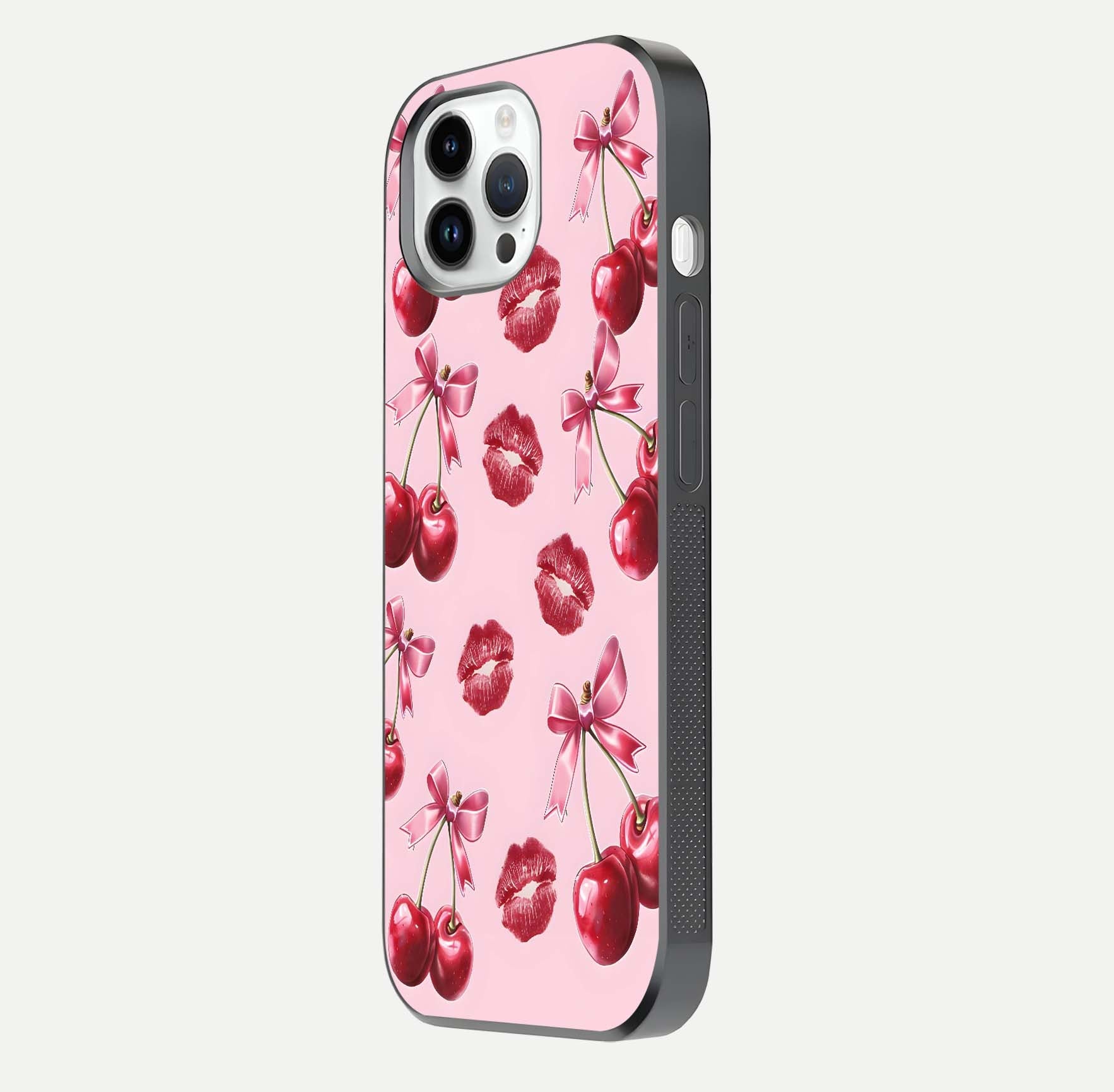Cherry With Lips Glass Case for iPhone 14 Pro side-angle image showing gloss reflection and fine details