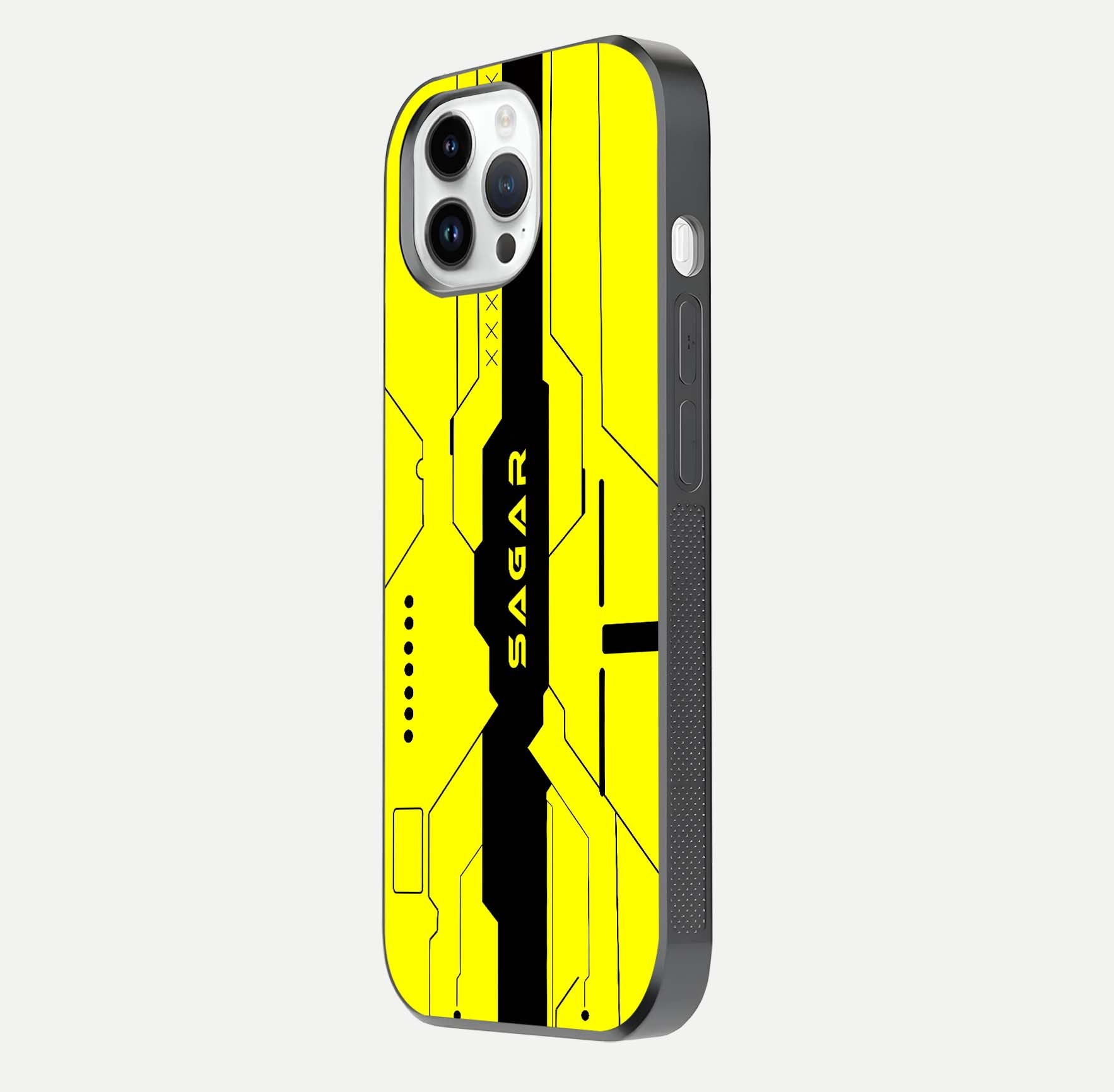Circuit CYBERPUNK Custom Name Glass Case for iPhone 14 Pro side-angle image showing reflective finish and design precision