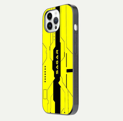 Circuit CYBERPUNK Custom Name Glass Case for iPhone 14 Pro side-angle image showing reflective finish and design precision