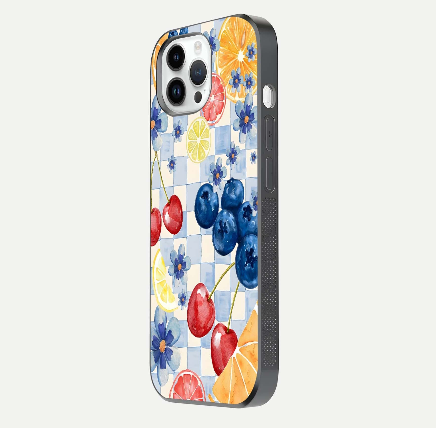 Citrus Bloom Joy Glass Case for iPhone 14 Pro side-angle photo capturing bright color and glass reflection