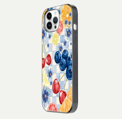 Citrus Bloom Joy Glass Case for iPhone 14 Pro side-angle photo capturing bright color and glass reflection