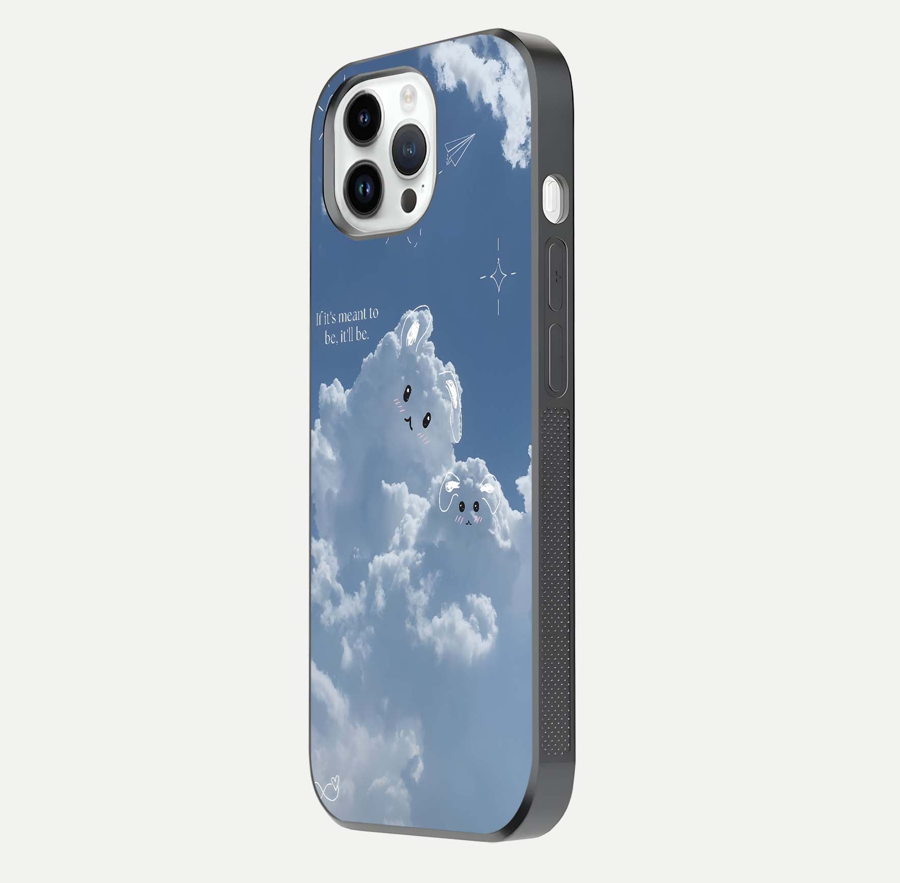 Cloud Bunny Dreams Glass Case for iPhone 14 Pro side-angle image capturing gloss texture and edge glow