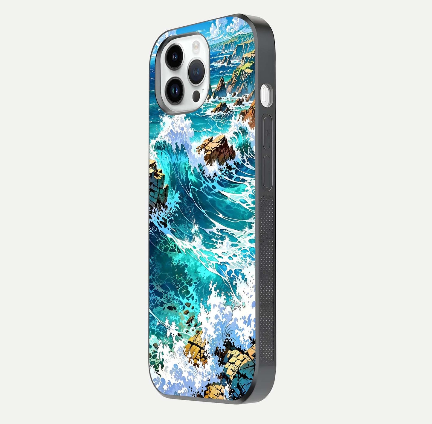 Coastal Blue Waves Glass Case for iPhone 14 Pro side-angle photo showing gloss texture and color depth