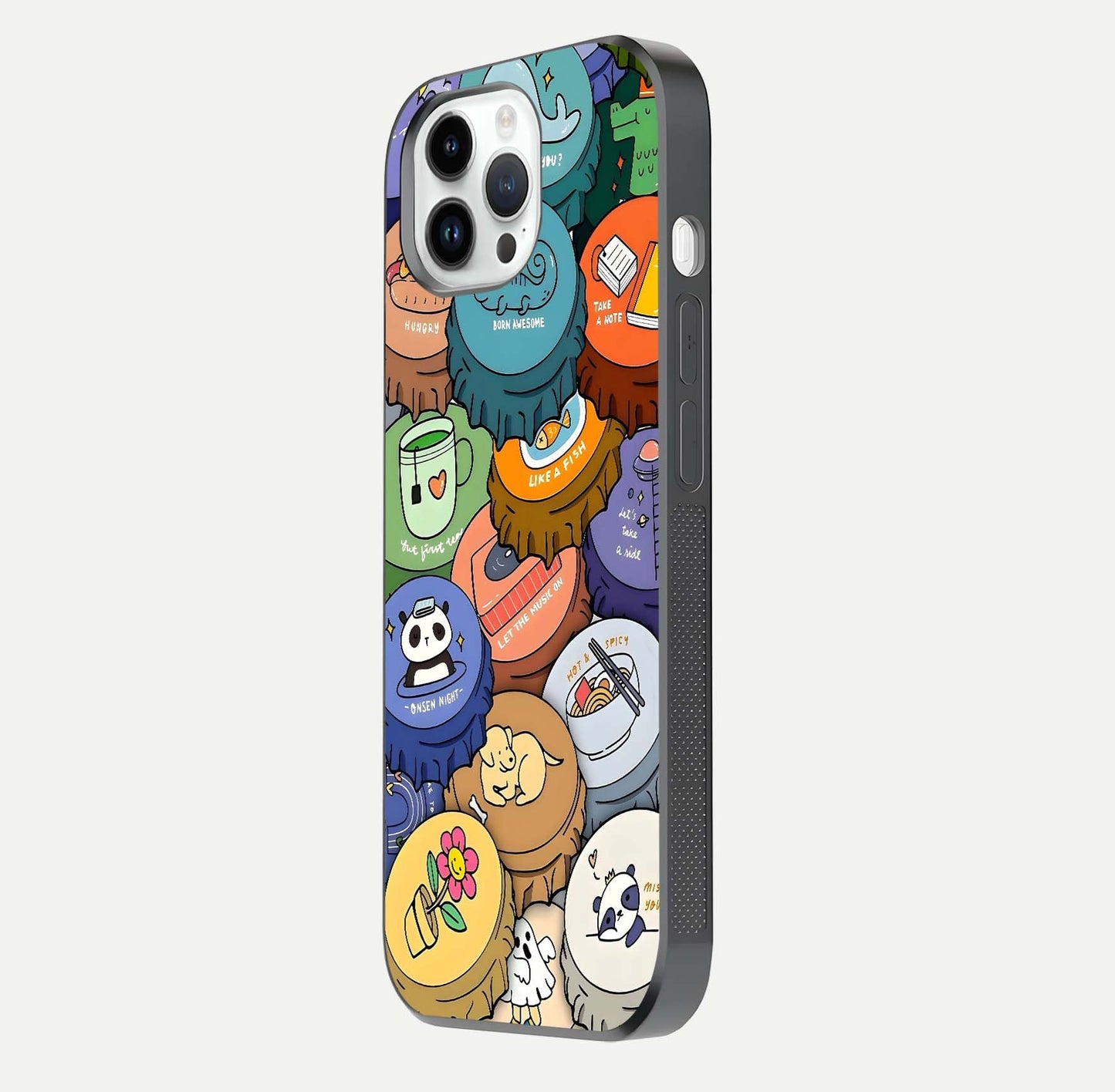 Coins Patterns Glass Case for iPhone 14 Pro side-angle photo capturing shine finish and curve glow