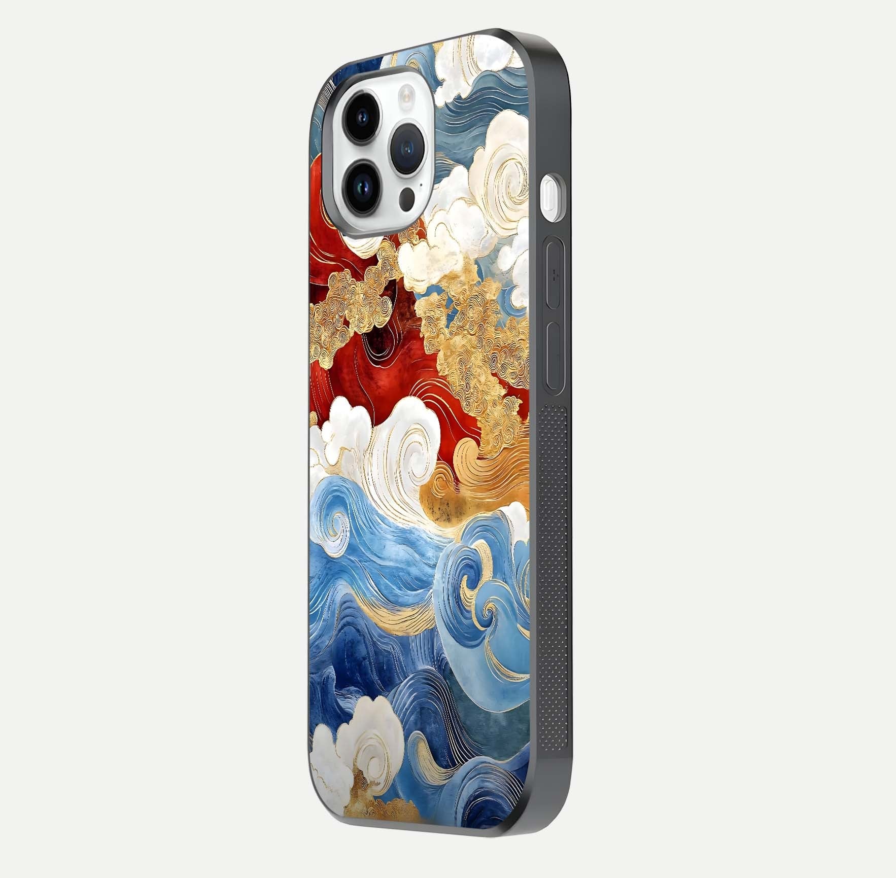 Colored Waves Glass Case for iPhone 14 Pro side-angle image showing light reflection, edge design, and shine