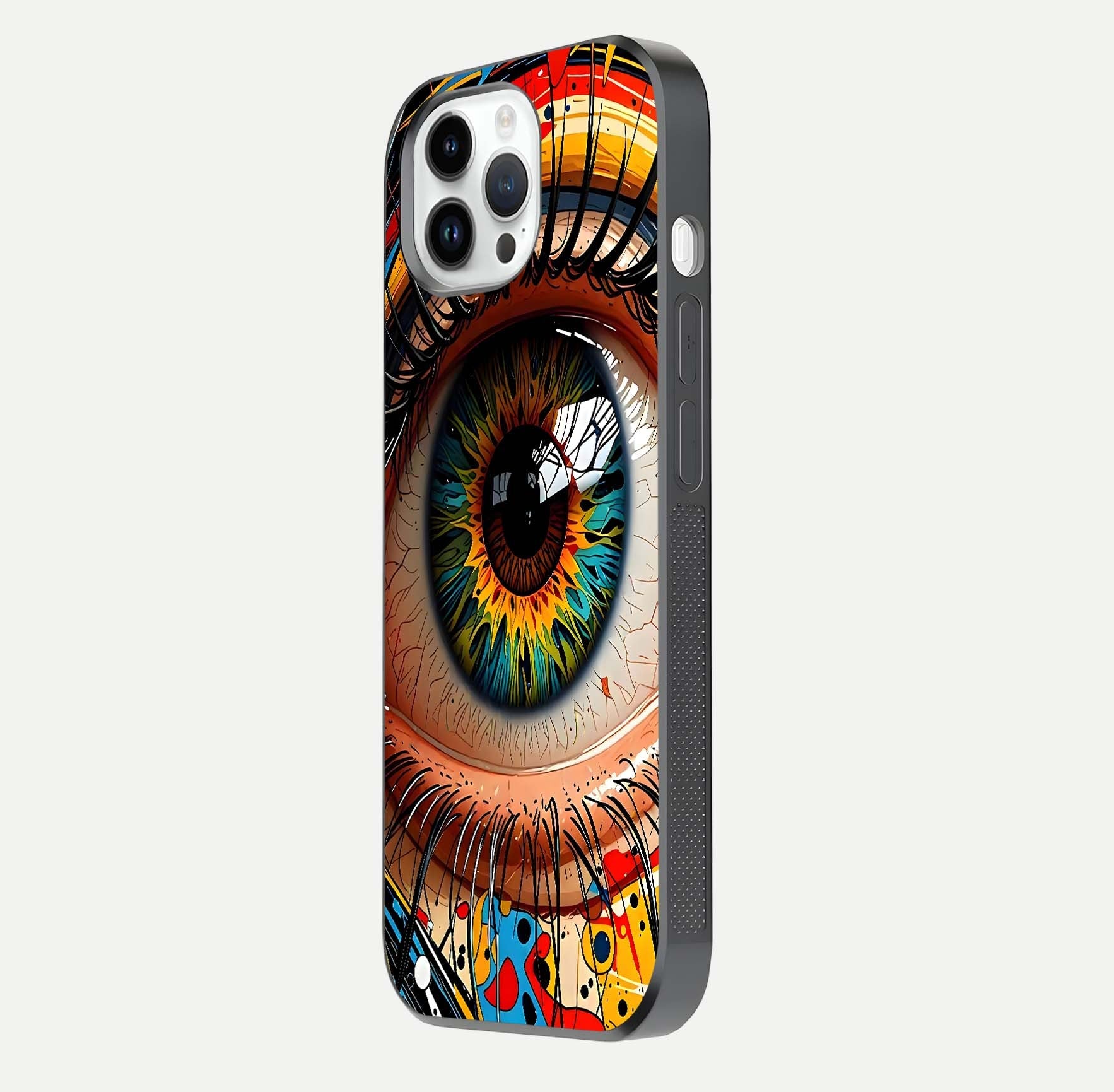 Colorful Eye Glass Case for iPhone 14 Pro side-angle photo showing reflective surface and design detail