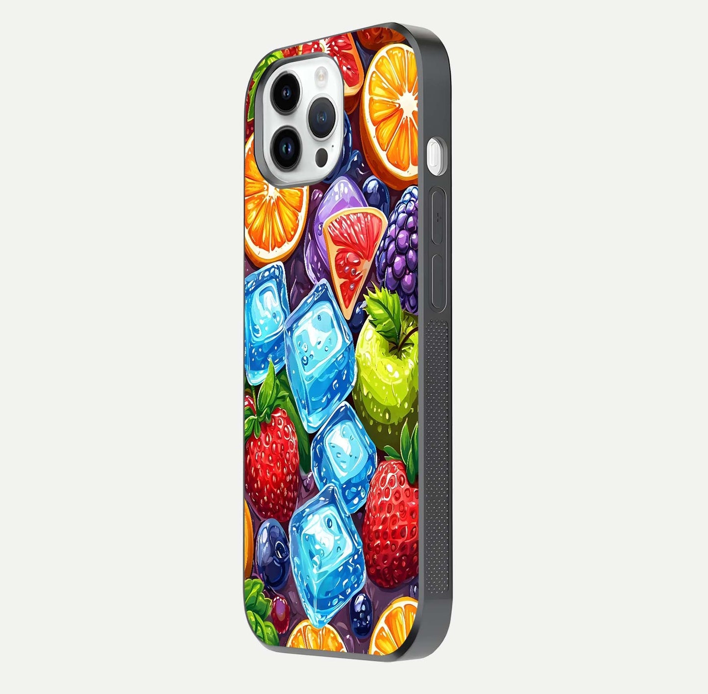 Colorful Fruits with Ice Glass Case for iPhone 14 Pro side-angle photo showing curve gloss and vivid tones